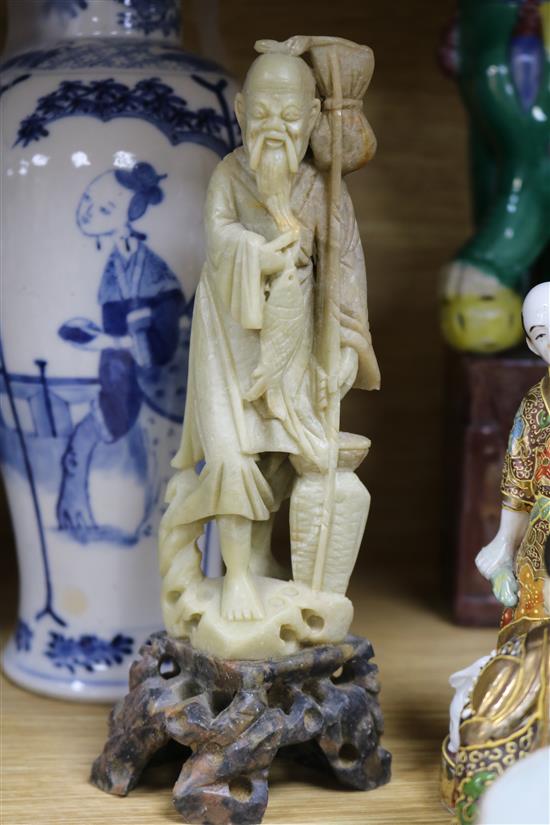 A near pair of Chinese blue and white baluster vases and covers, 28cm and sundry Oriental ceramics (14)